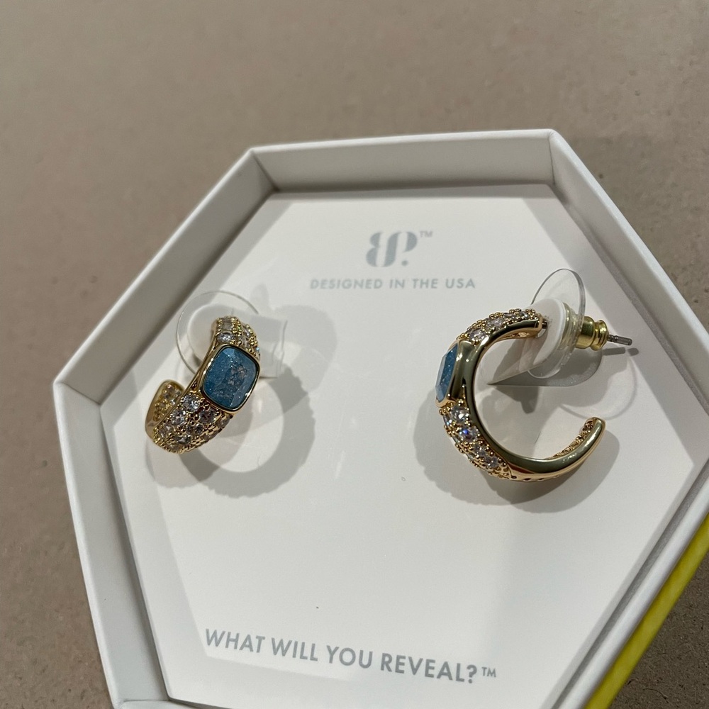 BP Gold Hoop Earrings with Blue Stone Accents - Picture 2 of 3